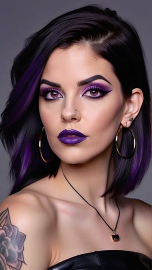 Photorealistic, Portrait of European women, dark purple-black long straight balayage hair, black huge thin hoop earrings, black large bold eyelines, purple bold eyeshadows, huge eyelashes, black leather strapless dress, colorful tattoos on arms, purple lips

