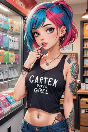 manic pixie dream girl retail worker, tattoos, piercings, dyed hair, clothed, casual outfit, tank top, lip piercing, septum ring, nose piercing
