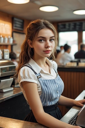 18 year old British waitress, puffy lips, average face, hot body, casual sexy outfit in a small cafe, working behind cash register, sleeveless, ordering POV, medium shot
