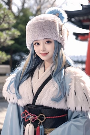 1girl, architecture, blue_eyes, blurry, blurry_background, building, cosplay_photo, depth_of_field, earrings, feather_boa, fur, fur-trimmed_coat, fur-trimmed_jacket, fur-trimmed_kimono, fur-trimmed_sleeves, fur_cape, fur_coat, fur_collar, fur_hat, fur_scarf, fur_trim, hat, japanese_clothes, jewelry, kimono, long_hair, blue hair, blue eyes, blush on, looking_at_viewer, outdoors, photo_\(medium\), pom_pom_\(clothes\), shrine, smile, solo, tree, upper_body, winter_clothes  ,keqingdef