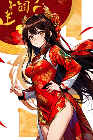 cute girl wearing Chinese new Year costume,brown long hair orange eyes,dragon year,anime style
