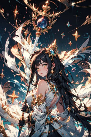 A girl wearing star guardian clothes, long fantasy-coloured hair, yellow eyes holding a white sceptre with a sphere surrounding the sceptre, in a galaxy of planets,midjourney,ASU1