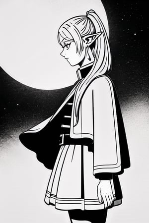 (masterpiece, best quality), BlackworkStyleManityro, , greyscale, monochrome, 1girl, from side, profile, moon, starry sky,BlackworkStyleManityro,shirt, long sleeves, jewelry, pantyhose, earrings, striped, black pantyhose, capelet, striped shirt,frieren, long hair, twintails, grey hair, pointy ears, elf,white background, fighting_stance