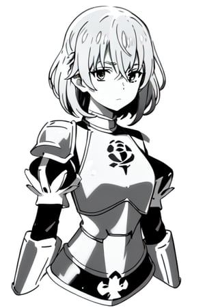 BlackworkStyleManityro,  greyscale, monochrome, white background, rutiragnason,short hair, breastplate, armored dress, single pauldron, detached sleeves, 