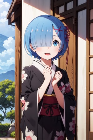 1girl, rem, happy_face, kimono, loli