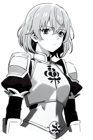 BlackworkStyleManityro,  greyscale, monochrome, white background, rutiragnason,short hair, breastplate, armored dress, single pauldron, detached sleeves, 