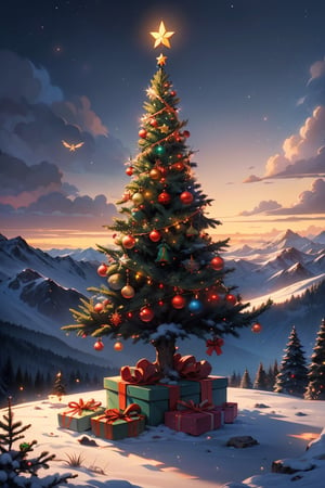 magical Christmas tree, a lot of gifts around it, landscape, mountains, cozy atmosphere, christmas decoration, a lot of (pixies) flying around, magic