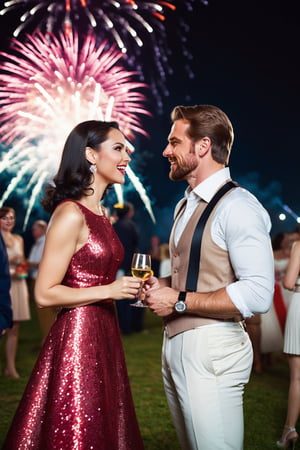 Couples, wearing classic outfits, standing and chatting, in a outdoor festival party , fireworks in the sky, nighttime, fantastic, fantasy, flamboyance,  absurdres, sharp focus,Movie Still