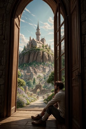 Generate an close up image of a handsome man in a medieval-themed fantasy world. He has short hair, a well-groomed beard, and is elegantly dressed. The man is standing by his bedroom window, and gazing out at a breathtaking medieval landscape. Capture the details of the man's contemplative expression and the intricate surroundings of his room. Outside the window, showcase a majestic view of a Christmas tree and towering castles, rolling hills. Convey a sense of both sophistication and the allure of the fantastical in this scene.
medieval era, fantasy world, Raw photo, depth of field, UHD, retina, masterpiece, super detail, high details, high quality, award winning, best quality, highres, 1080P, HD, 4K, 8k, 16k, cinematic light, (masterpiece, best quality, ultra-detailed, 8K), dreamlike, aesthetic art, digital art, professional artwork, immersive, intricate details, captivating natural beauty, hyper-detailed, (studio ghibli), makoto shinkai, trending in artstation,boy,midjourney,photorealistic