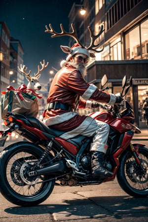 Santa wearing, Riding motorcycle, bag of gift, sunglasses, In the evening, reindeer sitting in back