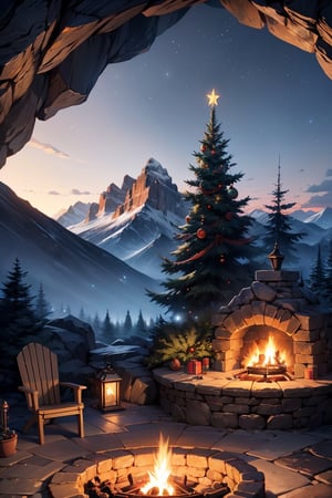 beautiful cave from outside, mountains, landscape, Christmas tree, firepit, outside, trees