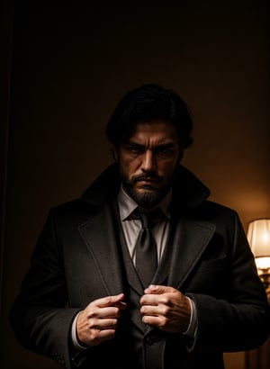 A handsome man, wearing a large coat and a dark suit, muscular, beard, black medium hair, gloves, cigarrete between finger, wallpaper, dark light, cinamatic, standing outside big mansion, sideface