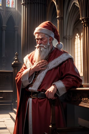 Santa Claus is praying, on a bench, eye closed, in a church, divine light, wholesome moment, full body shot,
(detailed, perfect, beautiful, exotic, special, unique, charming, hypnotic, breathtaking, skindentation, masterpiece, high quality, high resolution, extremely detailed, sharpness, intricate, high quality_textures, high resolution_textures, absurdres, sharp details, award_winning, bokeh, rule_of_thirds, moody lighting, detailed shadows, light diffusion, white_balance, Realism, RAW_Image, realistic, photorealistic environment),