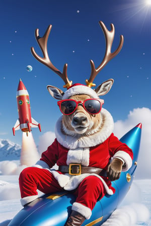 Reindeer weatring sunglasses sitting on a flying rocket, wearing santa claus clothes, snowing,