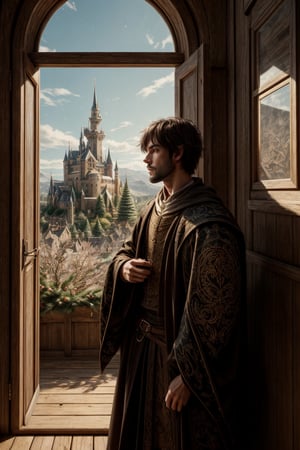 Generate an close up image of a handsome man in a medieval-themed fantasy world. He has short hair, a well-groomed beard, and is elegantly dressed. The man is standing by his bedroom window, and gazing out at a breathtaking medieval landscape. Christmas tree, Christmas decoration, Capture the details of the man's contemplative expression and the intricate surroundings of his room. Outside the window, showcase a majestic view of a Christmas tree and towering castles, rolling hills. Convey a sense of both sophistication and the allure of the fantastical in this scene.
medieval era, fantasy world, Raw photo, depth of field, UHD, retina, masterpiece, super detail, high details, high quality, award winning, best quality, highres, 1080P, HD, 4K, 8k, 16k, cinematic light, (masterpiece, best quality, ultra-detailed, 8K), dreamlike, aesthetic art, digital art, professional artwork, immersive, intricate details, captivating natural beauty, hyper-detailed, (studio ghibli), makoto shinkai, trending in artstation,boy,midjourney,photorealistic