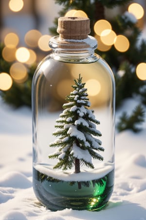 photorealistic, best quality, 8k, high, 
Christmas tree in a bottle, falling_snow, 