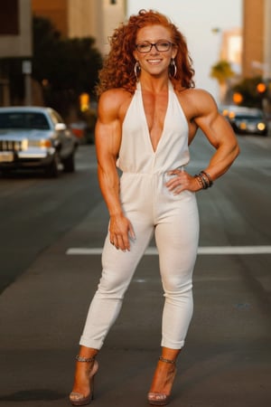 there is a young 24 year old cute girl child posing on a busy city street at sunset, long curly ginger hair with freckles, linen romper, stiletto heels, glasses, chocker, assorted jewelry, sunset hue, ((dynamic pose, (full body shot)), smile, (ifbb pro bodybuilder, thicc, gigachad), r3al,angelpolixl, polaroid,extreme_muscles,Muscle,muscle_&_abs