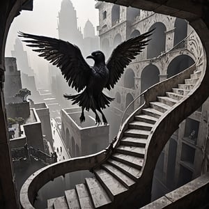 A labyrinthine staircase spirals upward, seemingly looping back upon itself, as black silhouettes of birds take flight, their wings beating in tandem with the impossible geometry. In the foreground, a wispy figure, shrouded in shadows, peers down at the viewer, while above, a cityscape dissolves into abstracted shapes, all rendered in stark, old-master black and white.
