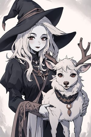An old woman, with white skin, in a witch costume and with a pet deer