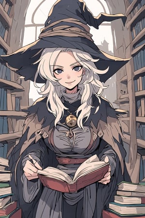 An elderly woman, with a very kind face, wearing a witch costume, living in a tower full of books