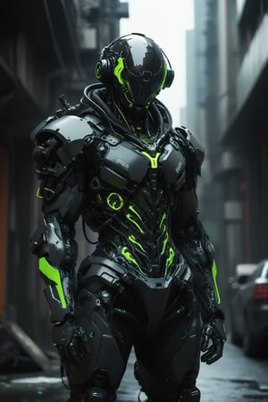 Image depicts a futuristic, cyberpunk-style character standing in an urban environment. The character is heavily armored with a mix of black and neon green elements, featuring intricate mechanical and robotic components. The armor includes various gadgets, wires, and panels, giving a high-tech appearance. The character's face is obscured by a hood and a mask, adding to the mysterious and intimidating look. The background shows a blurred cityscape with industrial buildings, enhancing the dystopian atmosphere. The overall design is detailed and visually striking, emphasizing a blend of advanced technology and urban decay.