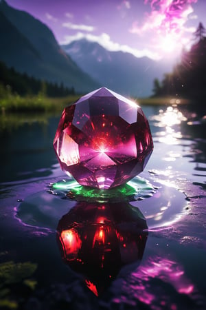 A red purple magical crystal floating in the air above a still lake, pulsating with magick energy, refracting light within the crystal, magic glow, purple glow, green glow, reflected on the lake's still surface, illuminated, masterpiece, highly detailed, graphic, raw