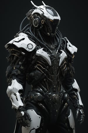 Digital illustration of a futuristic, armored humanoid figure. The subject is dressed in a highly detailed, dark, and bulky exosuit with intricate mechanical components and white accents. The suit features various textures and layers, including a cloak-like garment with angular, geometric shapes. The figure's head is adorned with a helmet that has two antenna-like protrusions and a visor, giving it a robotic appearance. The suit has several logos and text in white, including a prominent circular emblem on the chest and arm. The overall design is sleek and modern, with a strong emphasis on technology and advanced materials.