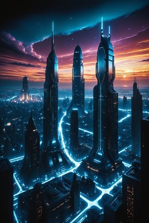 (intricate detail, 8k digital photography,film grain:1.2), a glittering science fiction skyline at dusk, shiny glistening