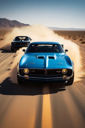 Create an ultra-detailed and realistic image of a race between 2 custom cars, created with parts from many muscle cars, with aerodynamic lines from 1972. The cars have tinted black windows. It is captured in motion with motion blur at full speed through a desert, daylight. Race between 2 cars. The photograph is captured with an Arri Alexa camera, with a zoom lens. 