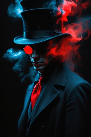 heavy motion blur, the blue aura surrounding a dark elongated shape of a human in black overcoat and top hat wearing round glasses reflecting the color red, dark background, minimalistic partial face visible, dark, menacing, artistic, ethereal, calm, surreal, indistinct, glowing, beautiful