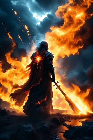 A formidable mage, garbed in flowing, ember-glowing robes, stands at the center of a desolate, scorched battlefield. The mage channels a blazing fireball, its searing flames illuminating the dark, smoke-filled air with intense, flickering light. The scene is charged with a fierce, elemental energy and a sense of impending destruction. Rendered in a Photographic style with a 135mm lens, capturing the fiery explosion’s vivid details and dramatic contrasts.