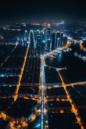 Night view seen from an airplane,future city:1.3,port,flying spaceship,skyscraper,master piece,highest quality,ultra high resolution,Super detailed,8K,photo realistic,best aesthetic,beautiful