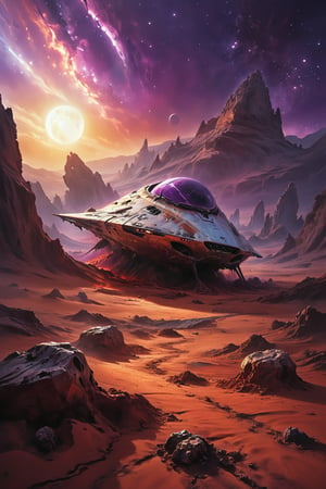 masterpiece, An oil painting of an alien planet, A sleek, silver spacecraft lies half-buried in the crimson sands of an alien desert. Its hull is scorched and torn, leaving a trail of debris stretching to the horizon. Tendrils of strange, bioluminescent vegetation have begun to creep over the wreckage. Two moons hang low in the violet sky, casting an eerie glow on the crash site. In the distance, mysterious structures hint at an ancient civilization.