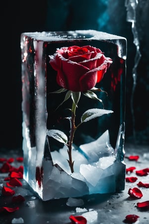 close-up photo of a beautiful red rose breaking through a cube made of ice, splintered cracked ice surface, frosted colors, colors dripping from rose, melting ice, Valentine’s Day vibes, cinematic, sharp focus, intricate, cinematic, dramatic light, mesmerizing, solo, vibrant, Masterpiece, (8k:1.5), perfect anatomy, enhanced resolution, best quality, enhanced details, best artist, sharp edges, detailed textures, ((full body shot)), atmospheric lighting, visually stunning, perfect composition, trending on behance