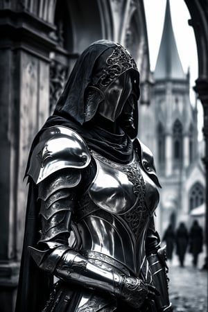 Gothic art, dark tones, intricate details, dramatic lighting, high contrast, medieval influence, ornate, mysterious, detailed silver white armor, cyberpunk elements, cityscape, atmospheric, moody, haunting beauty, sharp shadows, textured
(dynamic pose:1.4), depth of field