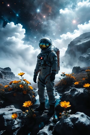 (masterpiece:1.2), (photo of a lone futursitic entity, their spacesuit reflecting the nebulae and distant galaxies, on the edge of a crater on a desolate moon, A lone flower, a vibrant splash of color against the grey landscape grows from a crack in the rock:1.1), (art by Karel Thole:1.4), (close-up shot:1.1), (hyperdetailed:1.1), (intricate details:1.0), (Refined details:1.1), (best quality:1.1), (high resolution:1.2)