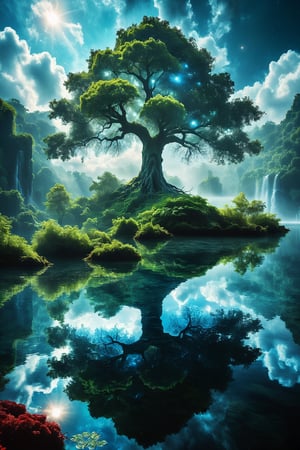 score_9, score_8_up, score_7_up, BREAK
, a majestic floating island with a colossal tree at its center, waterfalls cascading down into a mirror-like water surface, lush green foliage, detailed tree bark with glowing blue veins, serene sky with fluffy white clouds, distant planets visible in the sky, intricate vegetation,  depth of field, volumetric lighting, high dynamic range, sense of wonder and tranquility, extremely detailed background with layers of clouds, reflections in the water, glowing aura around the tree, magical and enchanting atmosphere, small red-robed figure on the island, peaceful and awe-inspiring scene