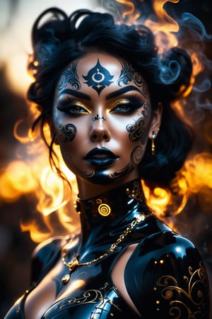 Photograph, a sss wired-cyborg Busty woman made of black smoke, full face tattoo inspired By satanistic designs, golden hour light, fragile, intricate details, masterpiece, award winning, rich, breathtaking,  bokeh, atmospheric