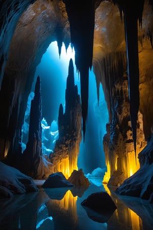 A hidden world of shimmering stalactites and stalagmites casts an ethereal glow, reflecting off the still, clear pool at the heart of this mystical crystal cavern. Dripping water creates delicate music, whispering ancient secrets as sunlight filters in through the rare crystalline formations on the cave's entrance.