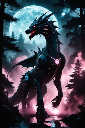 In a cyberpunk-inspired realm, Theme: Futuristic, cyberpunk-inspired tarot deck
The Moon: A figure, walking through a dark, foggy forest, is haunted by ghostly apparitions.
The background is the silhouette of a dragon emerges from the darkness, its form composed of the same vibrant energy. The entire scene is bathed in a contrast of deep blacks and brilliant pinks, creating a dynamic and visually striking composition. Particles of light scatter through the air, adding to the mystical atmosphere. This digital illustration blends elements of anime artistry with futuristic aesthetics, resulting in a captivating image that radiates energy and intensity.