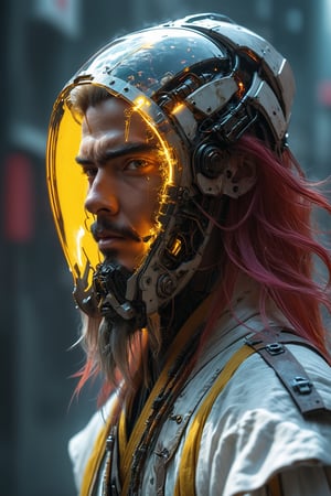 photorealistic, cells, amazing quality, masterpiece, best quality, hyper detailed, ultra detailed, UHD, perfect anatomy, portrait, dof, hyper-realism, majestic, awesome, inspiring, Create a close-up image of a cyberpunk assassin with translucent red and yellow-puple burning-head, wearing a white linen hanfu with a high collar. wielding a giant translucent amber sword, His long, disheveled long translucent ethereal hair blows in the wind. The face grins directly at the camera with a menacingly evil expression., with a white background, cinematic composition, soft shadows, very detailed, hd, RAW photograph, masterpiece, top quality, best quality, official art,highest detailed, atmospheric lighting, cinematic composition, complex multiple subjects, 4k HDR, vibrant, highly detailed, Leica Q2 with Summilux 35mm f/1.2 ASPH, Ultra High Resolution, wallpaper, 8K, Rich texture details, hyper detailed, simple background, epic composition, high quality , (8k, RAW photo, highest quality), hyperrealistic,