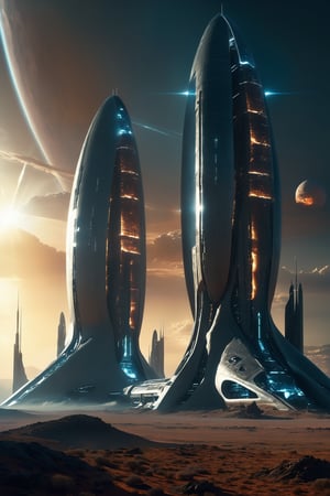 An establishing shot of a futuristic spaceship with focus on an extremely detailed panoramic background view of a vast landscape and megastructures on the horizon. Intriguing stunning mysterious epic sci-fi fantasy scene. Hyperrealistic, mixed media, ultra-detailed, ray-traced, award-winning, light leaks, lens flare, (volumetric light scattering), high contrast, implied motion, (deep depth of field), (color graded), (visual flow)