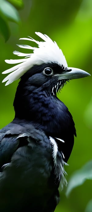 This is a close-up photograph of a bird's head. The bird has a fluffy white head with a prominent, sharp-edged beak. The feathers on the bird's head are dark, possibly black or dark gray, and they appear to be ruffled or ruffled. The background of the image is blurred, but it seems to be a natural setting with green foliage, suggesting that the bird is in a forest or a similar environment. There are no discernible texts or other objects in the image. The focus is solely on the bird's head, and the image does not provide any additional context or information about the bird's species or location.