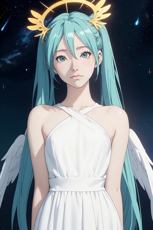 (anime coloring, anime screencap, ghibli, mappa, anime style), 1girl, hatsune miku, white gown, angel, angel wings, golden halo, dark background, upper body, (closed mouth:1.2), looking at viewer, arms behind back, blue theme, stars, starry night