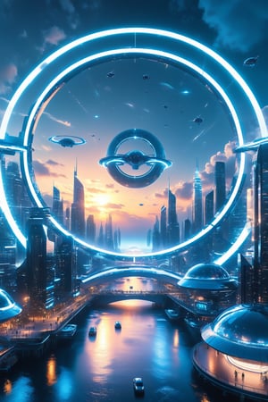 A futuristic city with flying cars and holographic displays, connected by spiral bridges over an ethereal ocean. The sky is a clear blue, and the buildings have metallic textures. In one corner of the scene, there is a large floating structure resembling the torus symbol, glowing in shades of a white to light blue gradient. A drone flies above it, capturing its majestic presence against the backdrop of the distant planet,Ultra-Fine, Ultra-Detailed, UHD 8