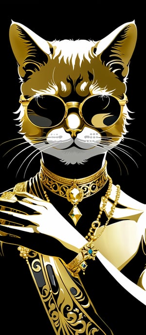 long hair cat man, A closeup of fantastical image of a cat man wear glasses and wears a gold-plate dress, black glasses, clad in flowing, flowing full gold-plate dress, wielding an jewellery ornate, ornate jewellery, Their face are filled with power and determination, as they wield the jewellery n a fluid, holding glasses to face, in a gold-plated room, looking at viewer, dynamic motion,