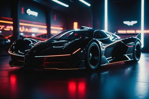 cinematic film still breathtaking (Futuristic Black-Batmobile),side view,intricate details,
in a white-showroom,
bright neon lights,
multicolored lights.
vivid colors, vivid contrast, bold colors, 
white paved road . award-winning, professional, highly detailed . shallow depth of field, vignette, highly detailed, high budget, bokeh, cinemascope, moody, epic, gorgeous, film grain, grainy