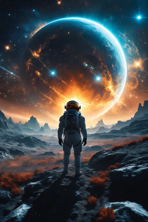 A breathtaking, realistic featuring a lone astronaut standing on the edge of a distant, alien planet. The astronaut’s suit with a glowing visor reflecting the infinite cosmos above. The planet’s surface is rocky and barren, with strange, Bioluminescence plants scattered around. Above, a massive, spiraling galaxy fills the sky, with colorful nebulae and distant stars casting an otherworldly glow. The background showcases the vastness of space, with a gigantic spaceship hovering in the distance, adding a sense of exploration and discovery