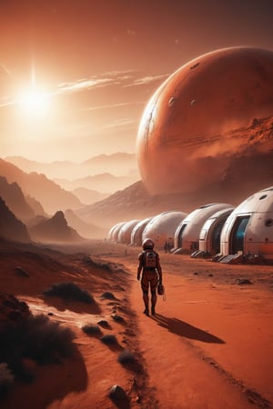 Human kind settled in Mars, red planet, oxygenarted dome, detailed background of human colony wokring, futuristic, year 2090, aliens as slaves, high detail, hyperrealistic, 8k,