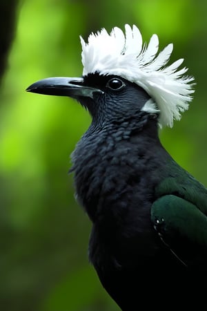 This is a close-up photograph of a bird's head. The bird has a fluffy white head with a prominent, sharp-edged beak. The feathers on the bird's head are dark, possibly black or dark gray, and they appear to be ruffled or ruffled. The background of the image is blurred, but it seems to be a natural setting with green foliage, suggesting that the bird is in a forest or a similar environment. There are no discernible texts or other objects in the image. The focus is solely on the bird's head, and the image does not provide any additional context or information about the bird's species or location.